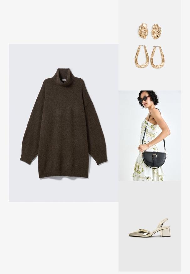 Suéter marrón de cuello alto sobredimensionado con hombros caídos, cuello acanalado y tejido suave y texturizado. Diseño simple y relajado.; Tacones slingback metálicos dorados con punta afilada y tacón grueso. Textura suave, diseño minimalista y una correa estrecha.; Bolso de piel negra con forma curva, correa desmontable y herrajes dorados. El bolso cuenta con una solapa con un detalle de hebilla.; Pendientes en tono dorado que presentan formas texturizadas y onduladas. Incluyen aros de clip esculturales y un diseño de aro abierto con un acabado martillado.