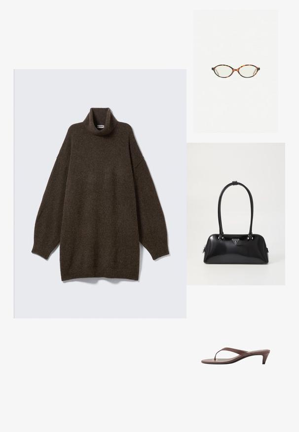 Ylisuuri ruskea pooloneule, jossa lasketut olkapäät, resorinen kaula-aukko ja pehmeä, teksturoitu kangas. Yksinkertainen, rento malli.; Kahvoit varrelliset flip-flop sandaalit, joissa on hoikka hihna ja pyöristetty varvasosa, sekä pieni kultainen yksityiskohta pohjalla.; Kilpikonnakuosiset silmälasit, joissa on soikeat linssit ja tyylikäs, sileä pinta. Ominaisuudet: ohuet sivut, joissa on hienovarainen kaari temppeleissä. Kirkkaat linssit.; Musta kiiltävä käsilaukku, jossa on kaareva siluetti, kaksi kahvaa ja etupuolella logo-plakaatti. Vetoketjusulku ja kiiltävät metalliosat.