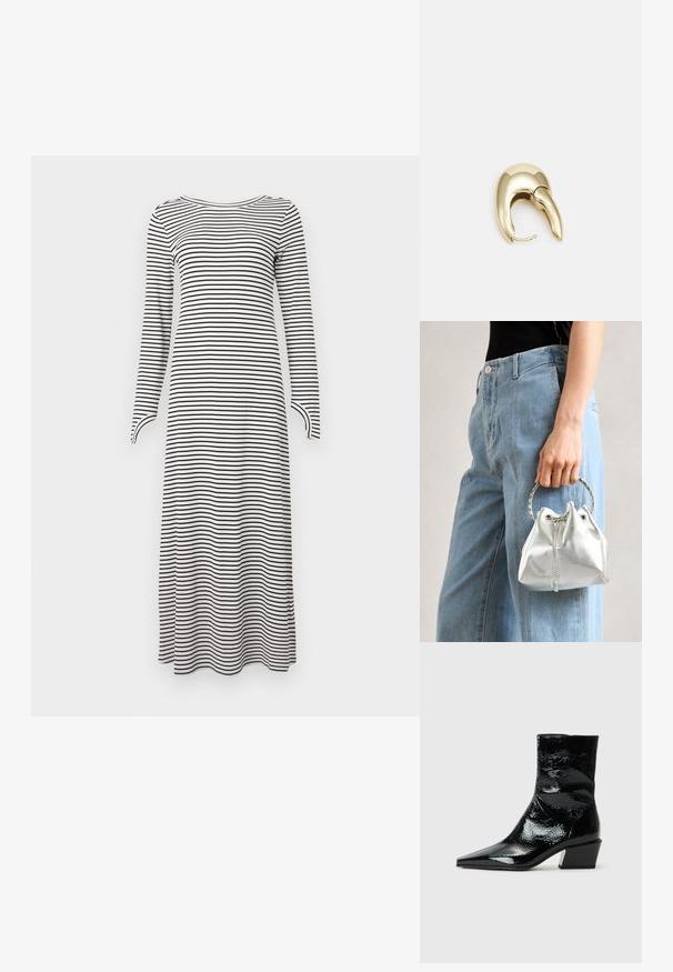 Langermet kjole med horisontale svart-hvite striper, laget av mykt stoff med rett snitt og rundt halslinje.; Sorte lakk ankle boots med spiss tå, teksturert overflate og tykk blokkhel. Strømlinjeformet design med en glatt, blank overflate.; Sølvfarget metallic bøtteveske med tekstur, dekorert med et rundt sølvhåndtak og snøring, holdt mot lyseblå jeans.; Gullfarget metalløredobber med et elegant, buet design. Har en karakteristisk spiss form, polert overflate og hengsel-lukking.