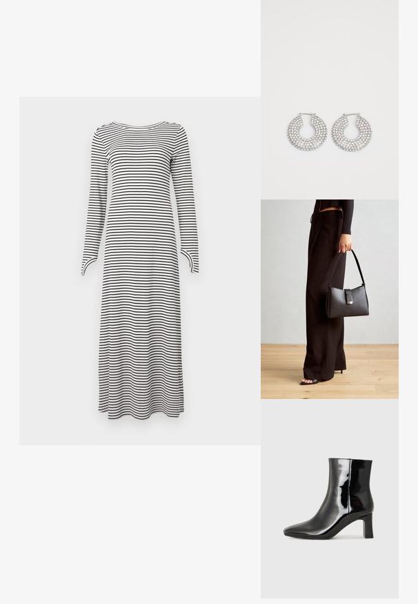 Pikkade varrukatega kleit, millel on horisontaalsed mustad ja valged triibud, valmistatud pehmest kangast, sirge lõike ja ümardatud kaelusega.; Must-sinine nahkjalats musta läikiva viimistlusega, millel on terav nina ja keskmise kõrgusega plokk konts. Sile tekstuur ja minimalistik disain.; Must musta kott, millel on struktureeritud kuju, sile tekstuur ja metallist klamber. Kombineeritud laiate mustade pükstega ja avatud varvaste sandaalidega puidust põrandal.; Hõbedased rõngaskõrvarõngad, millel on mitmeid selgeid kristallitoot.