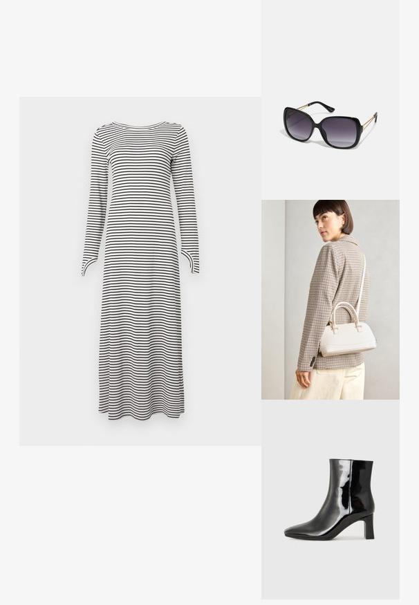 Šaty s dlhými rukávmi s horizontálnymi čierno-bielymi pruhmi, vyrobené z mäkkej látky so strihom do rovna a s okrúhlym výstrihom.; Čierne lakované členkové topánky s špicatou špičkou a stredne vysokým blokovým podpätkom. Hladká textúra a minimalistický dizajn.; Čierne oversized slnečné okuliare s gradientovými sklíčkami, hrubými rámami a zlatým retiazkovým detailom na stranách.; Biela štruktúrovaná kabelka s krátkymi rúčkami a ramenným popruhom, s zlatými kovovými prvkami a textúrovaným materiálom, vystavená na šedom pozadí.