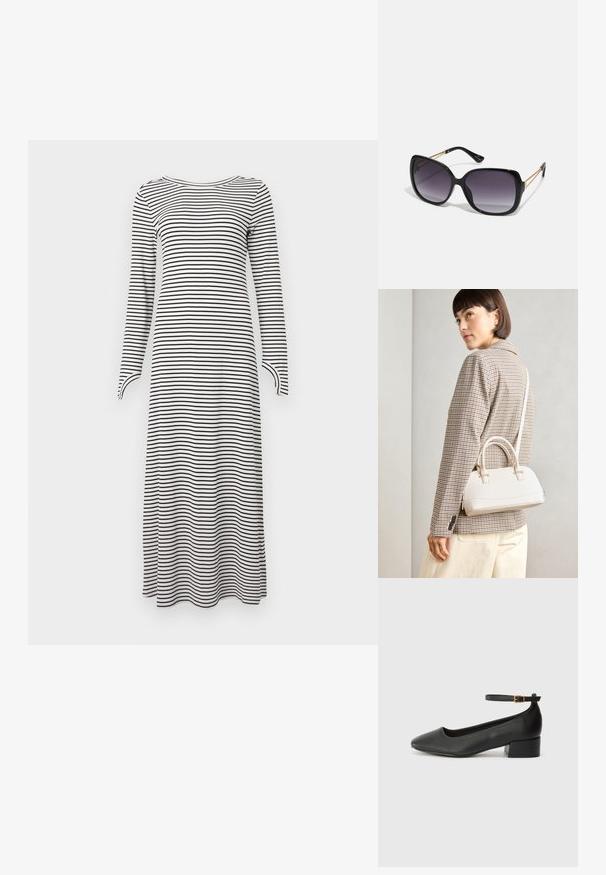 Rochie cu mânecă lungă, cu dungi orizontale negre și albe, confecționată dintr-un material moale, având o croială dreaptă și un decolteu rotund.; Pantof cu toc negru din piele, cu vârf ascuțit și toc mic pătrat. Dispune de o curea la gleznă cu o cataramă în tonuri de aur. Textură netedă.; Ochelari de soare negri, supradimensionați, cu lentile degradate, rame groase și detalii cu lanț de ton auriu pe brațele templului.; Geantă structurată albă, cu mânere scurte și curea de umăr, având accente din metal aurit și material texturat, expusă pe un fundal gri.