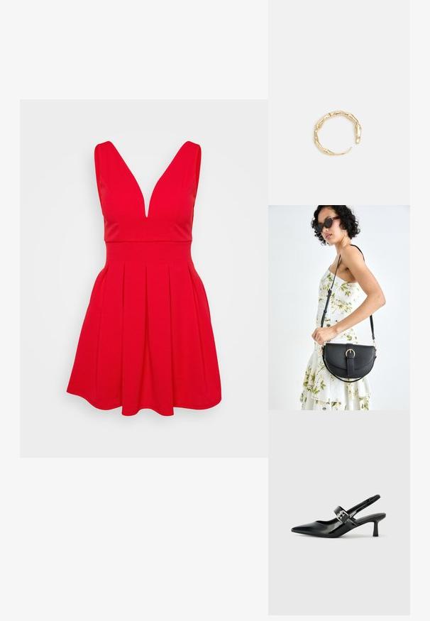 Crvena haljina bez rukava s dubokim V-izrezom, pripijenim gornjim dijelom i raširenom plisiranom suknjom. Glatka tkanina bez vidljivih uzoraka ili ukrasa.; Crne lakirane slingback potpetice s oštrim prstom i malom blok petom, s naglaskom na srebrnoj kopči na remenu.; Crna kožna torba s lukovitim oblikom, odvojivim remenom i zlatnim detaljima. Torba ima preklop s kopčom.; Prsten u zlatnoj nijansi s organskim, uvijenim dizajnom, glatkom teksturom i suženim krajevima, koji stvara moderan, skulpturalni izgled.