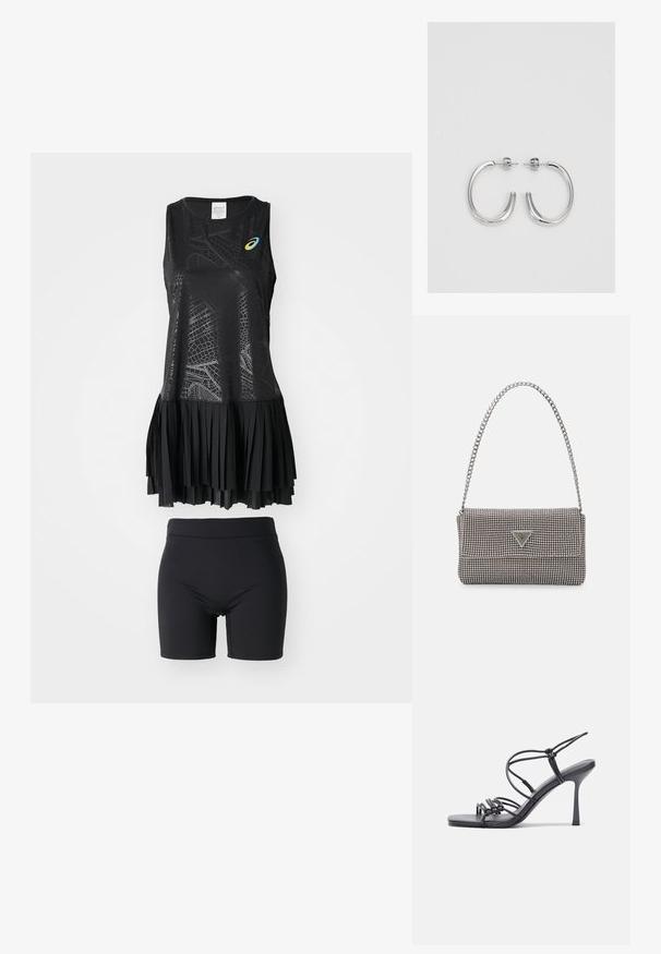 ASICS MATCH CAPSULE DRESS SET - Sporta kleita - performance black; Melnas augstpapēžu sandales ar plāniem siksniņām un mezgla dizainu, gluda kvadrātveida purngalu un elegantu stiletto papēdi.; Gaiši pelēka metāla rokassoma ar ķēdes siksnu, rotāta ar mazām apaļām metāla kniedēm un trīsstūra zīmola logo.; Sudraba stīpas auskari ar gludu, spīdīgu virsmu, izceļas ar izliektaveida formu un aizdari ar tapu. Minimālistisks dizains ar mūsdienīgu apdari.