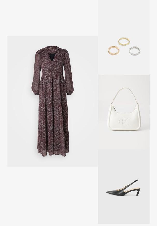 Rochie lungă, vaporoasă, cu decolteu adânc în V, mâneci bufante și tiv stratificat. Este realizată dintr-un material burgundy cu un model floral delicat.; Pantof cu toc mic, cu vârf ascuțit și slingback, realizat din piele netedă, având un design decupat pe lateral pentru respirabilitate.; Geantă de umăr din piele albă cu formă curbată, având un logo "CK" embosat pe partea din față și un singur braț de umăr. Închidere cu fermoar în partea de sus.; Trei inele din metal: unul roz aurie, unul auriu cu accente texturate și unul argintiu, toate cu branding gravat pe banda interioară.