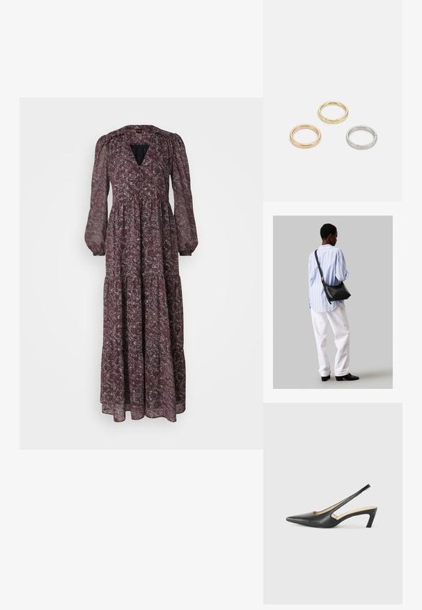 Μακριά, ρέουσα φόρεμα με βαθύ V-ντεκολτέ, φουσκωτά μανίκια και tiered κόψιμο. Φέρει ύφασμα μπορντό με λεπτό floral σχέδιο.; Μαύρο παπούτσι slingback με αιχμηρή μύτη και χαμηλό τακούνι, κατασκευασμένο από λείο δέρμα με σχέδιο κοπής στη πλευρά για αερισμό.; Μαύρη δερμάτινη τσάντα ώμου με απαλή υφή, τριγωνικό σχήμα και ρυθμιζόμενο λουρί, συνδυασμένη με ένα ανοιχτό μπλε ριγέ πουκάμισο και λευκό παντελόνι.; Τρία μεταλλικά δαχτυλίδια: ένα ροζ χρυσό, ένα χρυσό με υφές και ένα ασημένιο, όλα με εγχαραγμένο λογότυπο στην εσωτερική πλευρά.