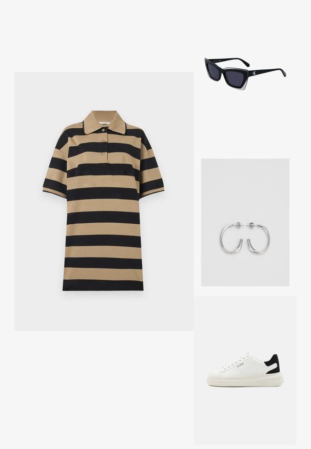 Polohemd mit horizontalen schwarzen und braunen Streifen, einem Kragen und einer Knopfleiste mit drei Knöpfen. Hergestellt aus weichem, leichtem Stoff.; Weiße Leder-Sneaker mit einer dicken weißen Sohle, schwarzem Wildlederakzent an der Ferse und geprägtem Logo an der Seite. Schnürdesign mit sechs Ösen.; Schwarze übergroße Sonnenbrille mit geometrischer Form, ausgestattet mit dunklen Gläsern und einem kontrastierenden grauen Detail im Rahmen. Logo am Bügel.; Silberne Creolen mit einer glatten, glänzenden Oberfläche, einer gebogenen Form und einer Steckverschluss. Minimalistisches Design mit modernem Finish.