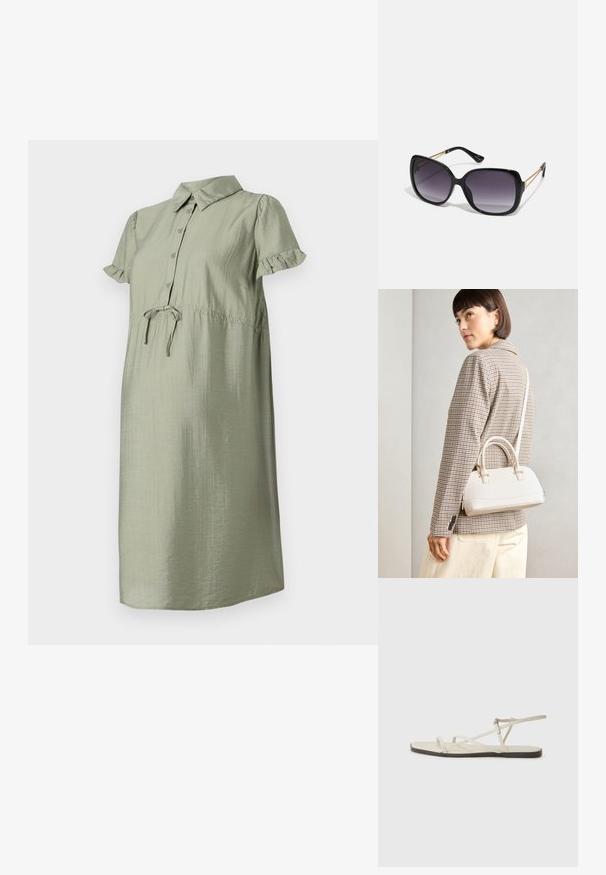 Lys grønn kjole med krage, korte volangermer, knappestolpe foran, snøring i midjen og løs passform, laget av teksturert stoff.; Beige flate sandal med flere slanke stropper og en justerbar spenne. Sålen er flat med en svak mørk kontrast langs kanten.; Sorte oversized solbriller med gradient linser, tykke rammer og detaljering med gulltonekjede på tempelarmene.; Hvit strukturert håndveske med korte håndtak og skulderreim, med detaljer i gullfinish og teksturert materiale, vist mot en grå bakgrunn.