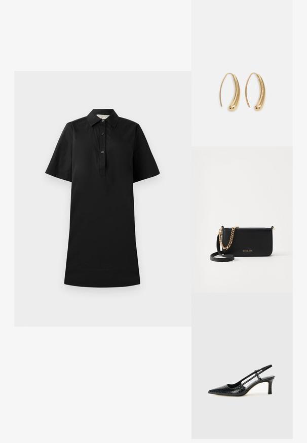 Fekete, rövid ujjú ruha galléros nyakkal, gombos gombolással és egyenes siluettel. Könnyű anyagból készült, sima textúrával.; Fekete lakk slingback sarok, hegyes orral, texturált kígyómintával, állítható pánttal és rövid, texturált tömbsarkal.; Fekete bőr clutch arany lánc díszítéssel, sima textúrával és arany logóval. Tartalmaz egy állítható pántot a sokoldalúság érdekében.; Aranyszínű fémből készült karika fülbevalók ívelt, hosszúkás formával. Simaságával és fényes felületével, valamint lekerekített végével további részletekkel bővül.