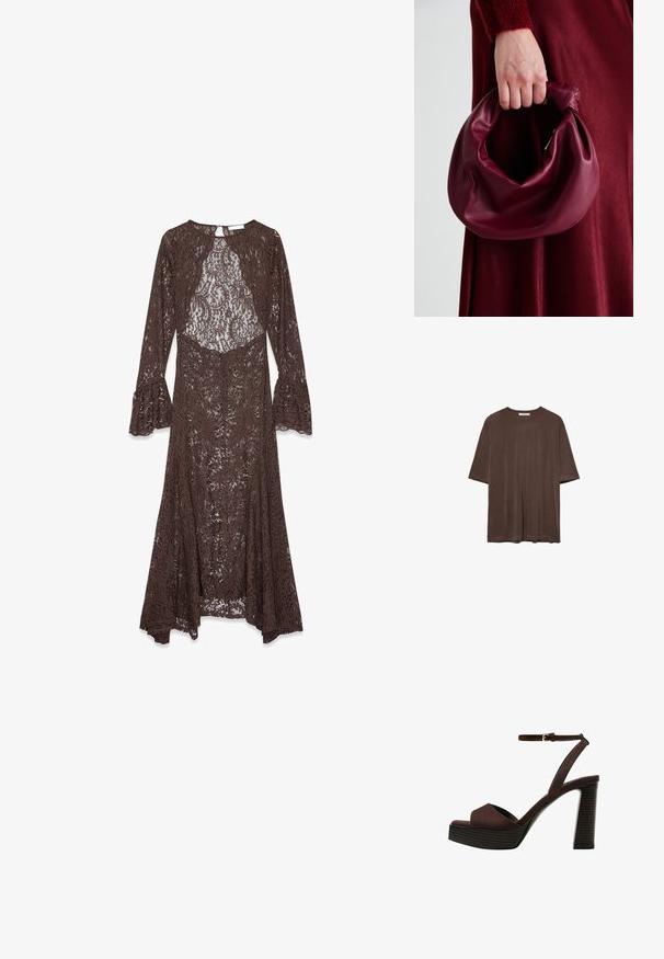 Long brown lace dress with bell sleeves, round neckline, and sheer floral pattern throughout the fabric.; Brown short-sleeve t-shirt made of soft fabric, featuring a round neckline and a relaxed fit. Smooth texture with no patterns or accents.; Brown suede high-heeled sandal with an open toe, adjustable ankle strap, and a striped platform sole.; Burgundy leather handbag with a soft, gathered design and a rounded shape. The handle is secured, showcasing a smooth texture.