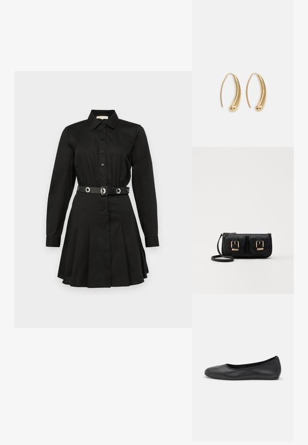 Černé šaty košilového střihu s dlouhými rukávy, knoflíkovým zapínáním vpředu, obepnutým pasem s opaskem s kruhovými detaily a sukní s rozšířeným střihem.; Černé kožené baletní byty s kulatou špičkou, hladkou texturou, minimálními švy a flexibilním designem podrážky.; Černá kožená crossbody taška se dvěma předními kapsami, zlatými přezkami, zipovým uzávěrem a štíhlým popruhem. Texturovaný povrch a kompaktní obdélníkový tvar.; Náušnice ve tvaru kruhu z pozlaceného kovu s vroubkovaným, prodlouženým tvarem. Mají hladký, lesklý povrch a zaoblený konec pro zvýraznění detailu.