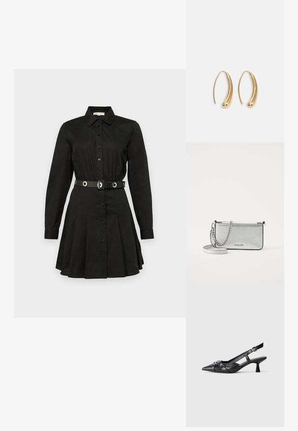 Mustast särgist kleit, millel on pikad varrukad, nööbiga esikinnitus, kohandatud vöökoht ümmarguste detailidega ning kellukesekujuline seeliku disain.; Must must have must toote tõmblukuga, dekoratiivsed rihmad metallist silmadega ja madal blokk-kand. Tekstureeritud pind.; Hõbedane nahkne õlakott, millel on tekstuuriga viimistlus, ahel- ja rihmaaktsendid ning lukuga lukustus. Esiküljel on logo.; Kuldtoonilised metallist rõngas kõrvarõngad, millel on kõver ja piklik kuju. Omavad siledat, läikivat pinda ja ümarat tipptugevdust, mis lisab detaili.