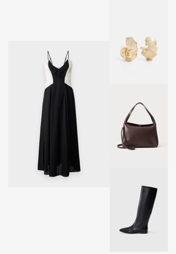 Robe bicolore noire et crème avec un corsage ajusté, un détail nœud à l'avant et des bretelles fines ajustables. Jupe fluide qui atteint les chevilles.; Botte en cuir noir, montante jusqu'au genou, avec un bout pointu et un design minimaliste. Texture lisse et semelle plate, présentant des détails de couture discrets sur les côtés.; Sac à main en cuir brun avec une forme structurée, doté d'une poignée supérieure unique et d'une bandoulière amovible. Détails en métal doré.; Boucles d'oreilles en métal teinté or texturé avec un design sculptural en spirale. Comprend des surfaces lisses et des courbes réfléchissantes de lumière.
