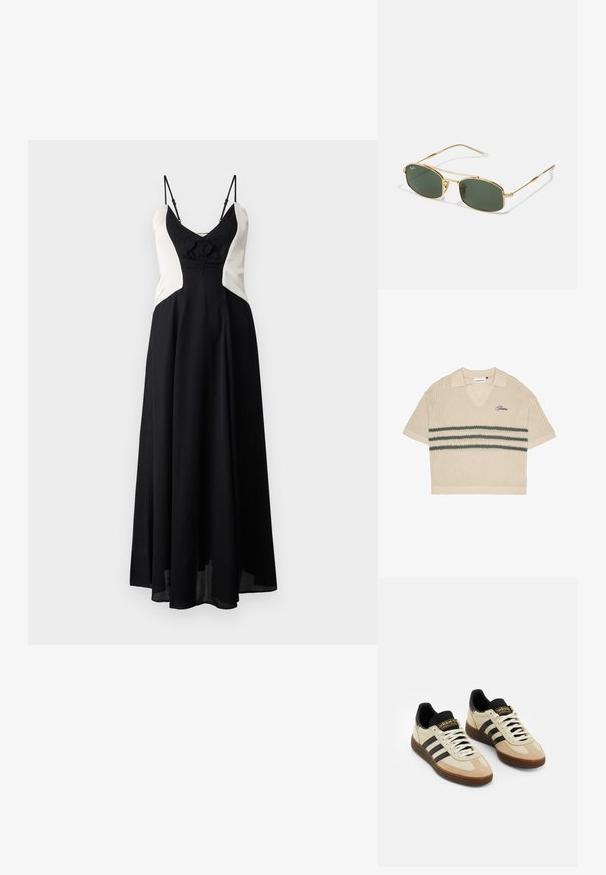 Vestido a bloques de color negro y crema con un corsé ajustado, detalle de lazo en el frente y tirantes finos ajustables. Falda fluida que llega hasta los tobillos.; Camisa polo de punto beige con escote en V, mangas cortas y rayas verdes en el pecho. Presenta un logo bordado en azul.; Zapatillas deportivas de ante beige con detalles de cuero negro, cordones blancos y suela de goma marrón. Tres rayas negras a cada lado.; Gafas de sol de metal dorado con lentes verdes, con una forma angular y brazos delgados. El diseño incluye un marco delgado y un logo sutil en la lente.