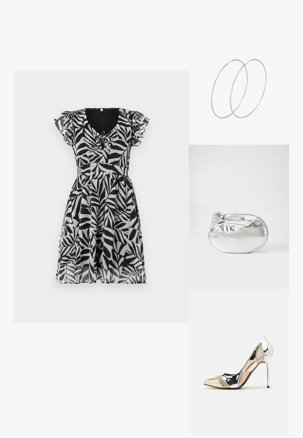 Čierno-biela šaty s listovým vzorom, krátke volánové rukávy, výstrih do V a priliehajúci pás. Ľahký materiál s voľným sukňou.; Lodičky s špičatou špičkou v striebornom, zlatom a telovom farebnom prevedení. Lesklý povrch s výrezovým dizajnom, s ihlovým opätkom.; Strieborná metalická taška s mäkkým, zaobleným tvarom a uzáverom s uzlíkom. Vyrobená z hladkej syntetickej kože.; Strieborné kruhové náušnice s minimalistickým dizajnom. Cirkulárny tvar, hladký povrch a tenký profil. Ľahké s lesklým povrchom.