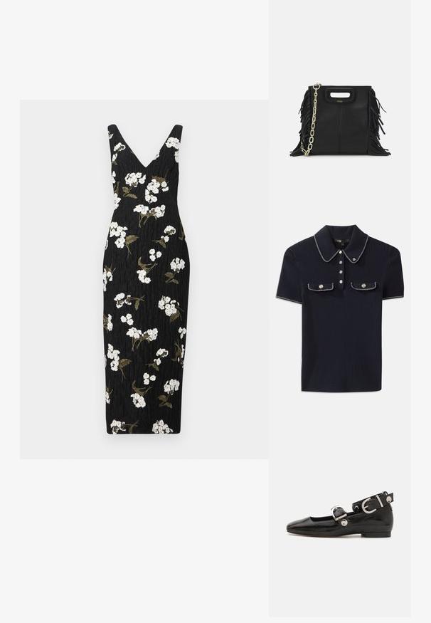 Fekete, testhez simuló ruha V-nyakkal, fehér virágos hímzéssel és zöld levelekkel. Texturált anyag, térdhez érő fazon.; Sötétkék bordázott póló, hegyes gallérral, rövid ujjakkal és két elülső zsebbel, amelyek patentgombokkal záródnak; fehér varrási díszítésekkel kiemelve.; Fekete lakkbőr lapos cipő négyzet alakú orral, ezüst hardware-rel ellátott bokapánttal és lapos talppal. Simaságával és minimalista dizájnjával kiemelkedő.; Fekete bőr kézitáska, frufrus részletekkel, arany láncos vállpánttal és kivágott fogantyúval. Az elülső részen logó található.