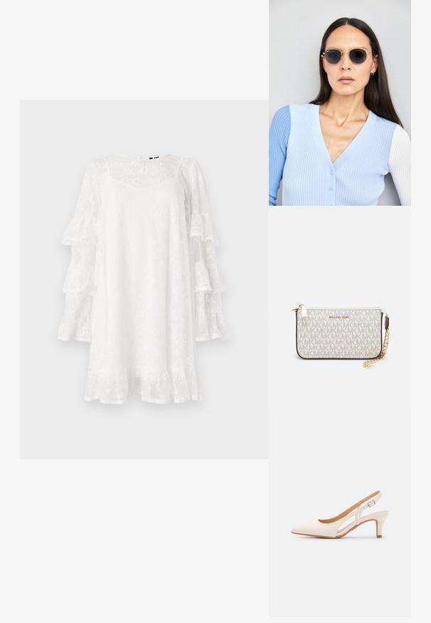 Valkoinen pitsimekko, jossa on levenevät hihat, kukkakuvio ja röyhelöhammas. Kevyt, polvimittainen malli, jossa on hienovarainen V-päiväntasaus.; Valkoinen slingback-korkokenkä, jossa on terävä kärki, sileä päällismateriaali, matala lohkokorko ja sivuaukko-design säädettävällä soljella.; Pyöreät aurinkolasit, joissa on tummat linssit ja kultaiset kehykset. Mallilla on päällään vaaleansininen, ribatusta materiaalista valmistettu neuletakki, jossa on napit ja kontrastiväriset valkoiset hihat.; Michael Kors kääröbeige pinnoitettua kangasta, jossa on toistuva MK-logo -kuvio, kultaiset yksityiskohdat ja irrotettava ketjuhihna.