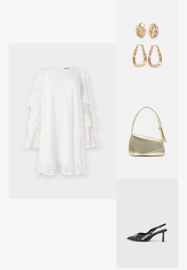 Biele čipkované šaty s rozšírenými rukávmi, kvetinovým vzorom a volánkovým lemom. Ľahký dizajn po kolená s jemným výstrihom do V.; Čierne lakované kožené slingback topánky s špicatou špičkou, remienkami okolo členku s striebornými prackami a hardvérom, a štíhlým podpätkom.; Zlatá metalická kabelka so štruktúrovaným dizajnom, hladkou textúrou a nastaviteľným popruhom. Obsahuje jedinečný trojuholníkový tvar a minimalistické šitie.; Náušnice v zlatej farbe s textúrovanými, vlnitými tvarmi. Obsahujú sochárske klipsové náušnice a otvorený tvar krúžku s kladivkovým povrchom.