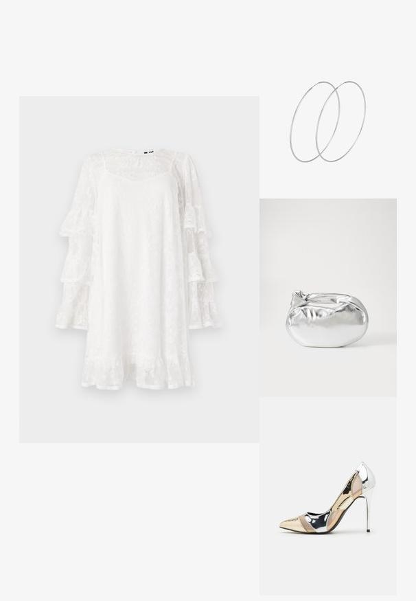 Weißes Spitzenkleid mit weit geschnittenen Ärmeln, floralem Muster und gerafftem Saum. Leichtes, knielanges Design mit einem dezenten V-Ausschnitt.; Spitz zulaufender High-Heel-Schuh in einer Farbgestaltung aus Silber, Gold und Nude. Glänzende Oberfläche mit Ausschnittdesign und stiletto Absatz.; Silberne metallic Pouch-Tasche mit einer sanften, abgerundeten Form und einem geknoteten Verschluss oben. Hergestellt aus glattem Kunstleder.; Silberne Creolen mit minimalistischem Design. Rundform, glatte Oberfläche und dünnes Profil. Leichtgewichtig mit hochglänzender Oberfläche.