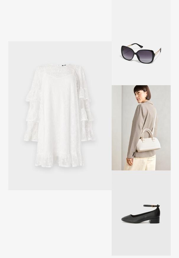 Bela čipkasta obleka z razširjenimi rokavi, cvetličnim vzorcem in nagubanimi robovi. Lahka, do kolen dolg model s subtilnim V-izrezom.; Črne usnjene pumpice z nazobčanimi prsti in nizko blokasto peto. Imajo trak okoli gležnja z zaponko v zlatem tonu. Gladka tekstura.; Črne prevelike sončne očala z degradacijskimi lečami, debelimi okvirji in zlatimi verižicami na ročajih.; Bela strukturirana torba z kratkimi ročaji in naramnim trakom, z zlatimi okrasnimi elementi in teksturiranim materialom, prikazana na sivi podlagi.