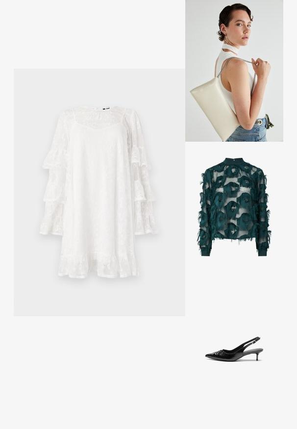 Balta nėriniuota suknelė su plačiomis rankovėmis, gėlių raštu ir volanų apdaila. Lengva, iki kelių ilgio suknelė su subtiliu V formos kaklu.; Mėlynos spalvos skaidri palaidinė su tekstūruotais, suplėšytais apvaliais raštais, aukštu kaklu ir ilgomis rankovėmis su tiesia apačia. Nugaros užsegimas su keyhole detalėmis.; Juodos odinės slingback aukštakulniai su smailiu nosiu, mažais katės kulnais ir dekoratyvine mazgo detale priekyje. Visas paviršius lygus.; Balta, stačiakampio formos rankinė pagaminta iš blizgaus medžiagos, su sidabriniu virvute. Modelis pozavo, demonstruodamas rankinę prieš paprastą foną.