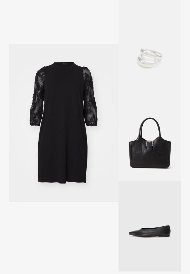 Musta mekko, jossa on pyöreä pääntie, kolme neljäsosapituista läpikuultavia hihoja, joissa on kukkakuvioista pitsiä, sekä rento leikkaus.; Musta nahkainen ballerinatyyppinen kenkä, terävä kärki, minimalinen muotoilu, sileä pinta, matala korko, ei näkyvää metalliosaa tai koristeita.; Musta nahkainen olkalaukku, jossa on sileä pinta, ryhdikäs muoto, kaksi kahvaa ja silmienpistävä hopeinen solkiyksityiskohta edessä.; Hopeinen kaksinkertainen rengas, jossa on sileä, kiillotettu pinta. Siinä on sulava, kaareva muotoilu, jossa on päällekkäisiä osia modernin ilmeen saavuttamiseksi.