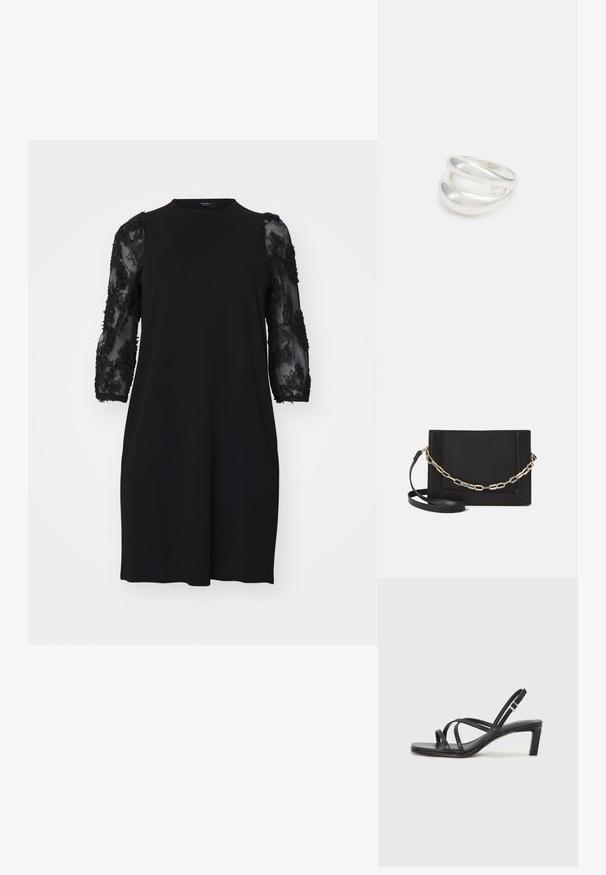 Musta mekko, jossa on pyöreä pääntie, kolme neljäsosapituista läpikuultavia hihoja, joissa on kukkakuvioista pitsiä, sekä rento leikkaus.; Mustat hihnalligat, joissa on neliön muotoinen kärki ja matala lohkokorko. Ominaisuuksiin kuuluu useita ohuita hihnoja ja säädettävä nilkkahihna. Valmistettu sileästä nahasta.; Musta nahkainen olkalaukku, jossa on sileä pinta, suorakulmainen muoto ja metalliketju yksityiskohtana edessä. Mukana säädettävä hihna.; Hopeinen kaksinkertainen rengas, jossa on sileä, kiillotettu pinta. Siinä on sulava, kaareva muotoilu, jossa on päällekkäisiä osia modernin ilmeen saavuttamiseksi.