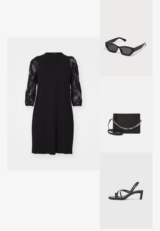 Crna haljina s okruglim izrezom, prozirnim rukavima do tri četvrtine s cvjetnim čipkastim detaljima i opuštenim fitom.; Crne sandale s trakama, kvadratnim prstom i niskom blok petom. Ima više tankih trakica i podesivu trakicu oko gležnja. Izrađene su od glatke kože.; Crne pravokutne sunčane naočale s debelim okvirom, tamnim lećama i kutnastim dizajnom. Glatki plastični materijal bez vidljivih uzoraka ili naglasaka.; Crna kožna torba preko tijela s glatkom teksturom, pravokutnim oblikom i metalnim lancem na prednjoj strani. Uključena je podesiva naramenica.; Srebrna dvostruka prsten s glatkom, poliranom površinom. Karakterizira ga fluidan, zakrivljen dizajn s preklapajućim sekcijama za moderan izgled.