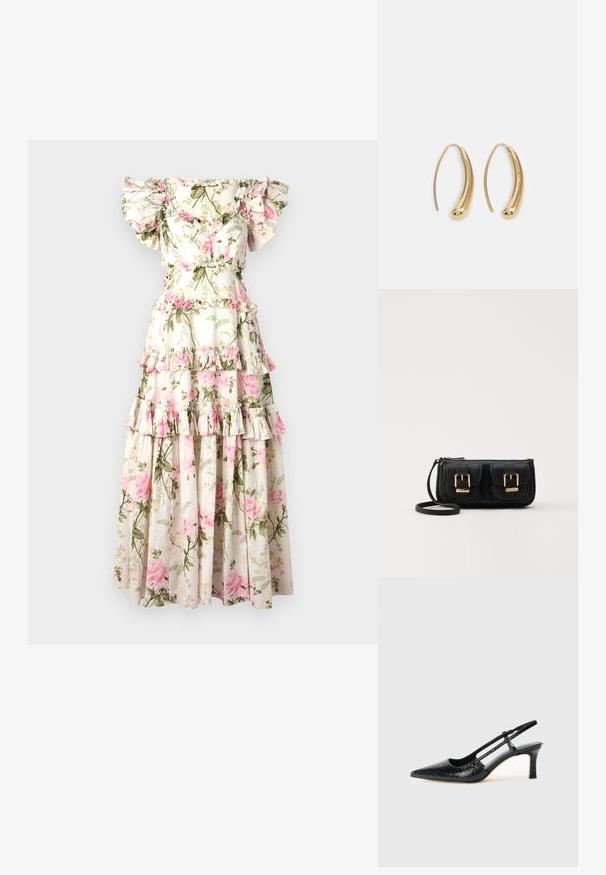 Ziedu maksi kleita ar no pleciem nokareniem frilliem, slāņota dizaina, krēmkrāsas fons, rozā rozes raksts un zaļas lapu akcenti.; Melna patent āda ar slīdošo papēdi un smailo purngalu, ar teksturētu čūsku drukājumu, regulējamu siksniņu un īsu teksturētu blokpapēdi.; Melnas ādas crossbody soma ar divām priekšējām kabatām, zelta sprādzēm, ar rāvējslēdzēju aizdari un šauru siksnu. Strukturēta virsma un kompakta taisnstūra forma.; Zelta toņu metāla gredzena auskari ar izliektu, pagarinātu formu. Ar gludu, spīdīgu virsma un noapaļotu galu papildu detaļām.
