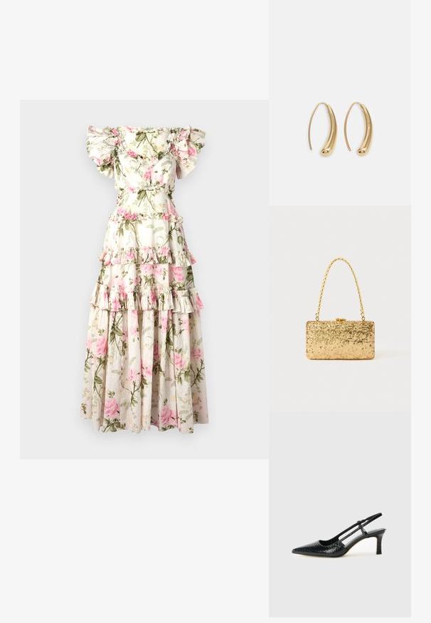Virágmintás maxi ruha, lecsúsztatott fodros ujjal, réteges kialakítással, krémszínű háttérrel, rózsaszín rózsamintával és zöld levelek díszítésével.; Fekete lakk slingback sarok, hegyes orral, texturált kígyómintával, állítható pánttal és rövid, texturált tömbsarkal.; Arany flitteres clutch táska, téglalap alakú, csavart lánckarabinerekkel és fém záródással, mely fényt tükröz a textúrált felületének köszönhetően.; Aranyszínű fémből készült karika fülbevalók ívelt, hosszúkás formával. Simaságával és fényes felületével, valamint lekerekített végével további részletekkel bővül.