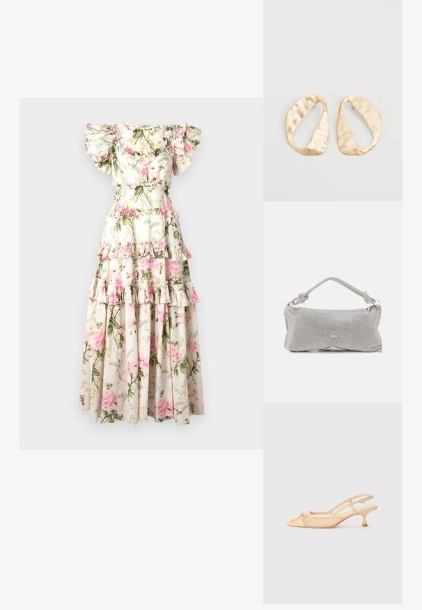 Floral maxi dress with off-the-shoulder ruffled sleeves, tiered design, cream background, pink rose pattern, and green foliage accents.; Stuart Weitzman KITTY - Classic heels - beige/barely beige; Metal mesh shoulder bag in silver, featuring a knotted handle, zip closure, and geometric body shape with a smooth texture.; Pair of irregular oval-shaped gold-toned metal earrings with a textured, slightly hammered surface on a white background.