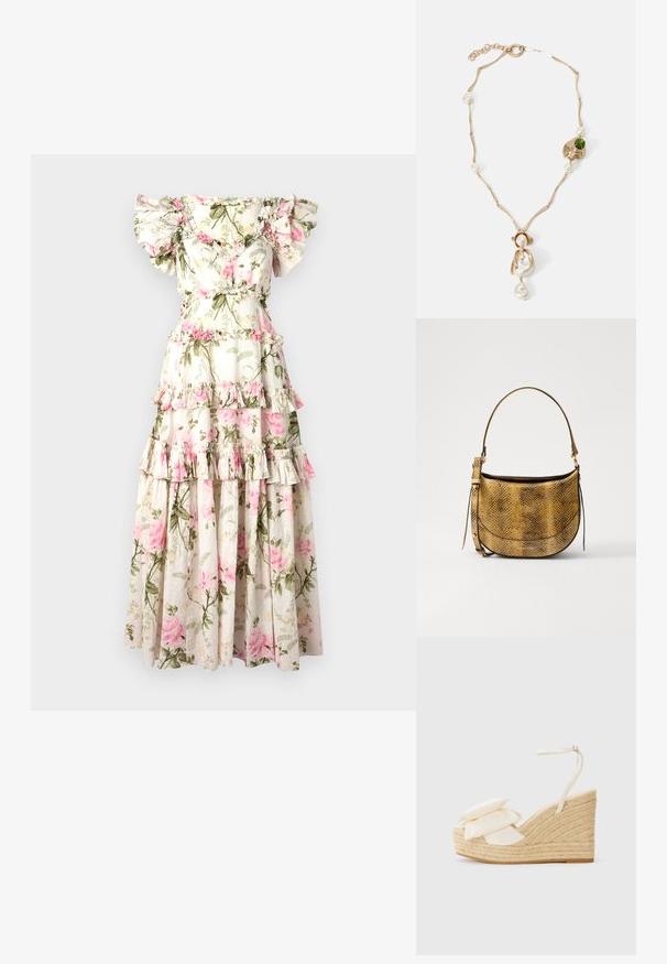 Vestido maxi floral con mangas ruffled sin hombros, diseño en capas, fondo crema, patrón de rosas rosas y acentos de follaje verde.; Sandalia cuña con plataforma de yute natural, parte superior de tejido color crema y dos adornos florales en capas; presenta una delgada correa en el tobillo con hebilla.; Vanessa Bruno MINI DAILY BAG - Bandolera - camel; Collar de tono dorado con eslabones retorcidos, perlas blancas y un acento de piedra verde. Presenta detalles intrincados y un broche para su cierre.