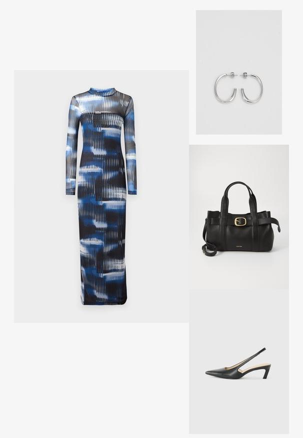 Dopasowana sukienka z długim rękawem z elastycznego materiału, zdobiona abstrakcyjnym wzorem w niebiesko-czarną kompozycję z pionowymi liniami oraz okrągłym dekoltem.; Czarny but na obcasie typu slingback z ostro zakończonym noskiem, z niskim obcasem, wykonany z gładkiej skóry, z wycięciem po boku dla lepszej wentylacji.; Czarna skórzana torebka o zorganizowanej konstrukcji, z podwójnymi uchwytami u góry, akcentem w postaci złotego zapięcia oraz wytłoczonym logo marki z przodu.; Srebrne kolczyki na biglu o gładkim, błyszczącym wykończeniu. O zaokrąglonym kształcie, lekkim designie, z zamknięciem na zatrzask.
