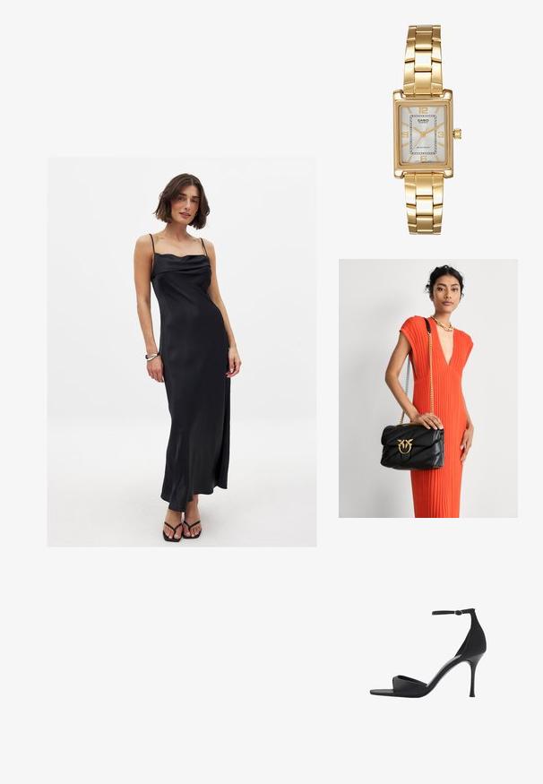 Čierna saténová šaty na tenkých ramienkach s uvoľneným dekoltárom, splývavým strihom a bočným rozparkom, nosené s čiernymi žabkami.; Mango Sandále na vysokom opätku - black; Čierna kožená kabelka s prešitým dizajnom a zlatými doplnkami, s dekoratívnou prackou. Taška má reťazový popruh a je držaná v ruke.; Zlatý obdĺžnikový náramkový hodinky s bielym ciferníkom, striebornými indexmi a odolným kovovým náramkom. Obsahuje vodoodolnú funkciu.