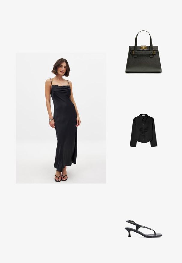 Črna satenska obleka s tankimi naramnicami in cowl ovratnikom, fluidna silhueta in stranski razporek, oblečena s črnimi natikači.; Črna srajca dolgimi rokavi, izdelana iz gladkega materiala, z ostrim ovratnikom, sprednjim gumbom in krajšo obrobo z stranskimi razpoki.; Črne usnjene sandale z ozkim dizajnom, tankimi trakovi in majhno peto. Imajo poudarek na sponki in gladko teksturirano podplato.; Črna strukturirana toaletna torba z kratkimi ročaji, ki ima zlat zaklep in poudarke. Oblikovanje je strukturirano, s geometrijsko silhueto.