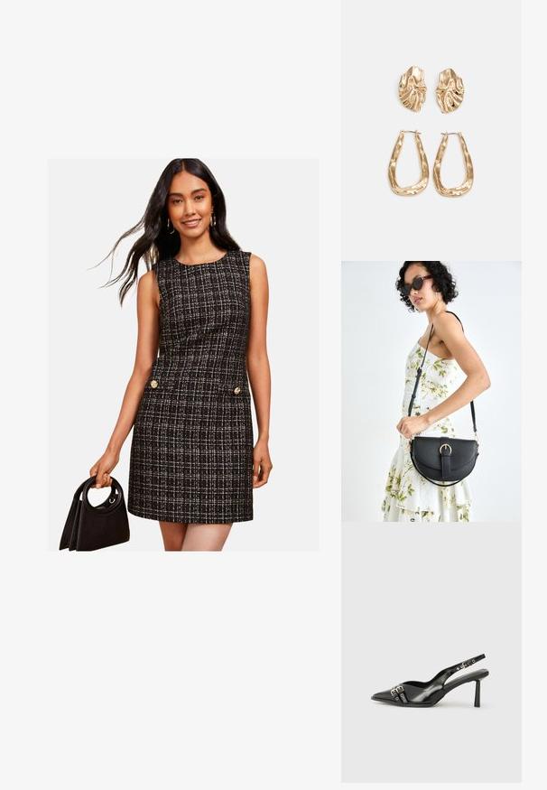 Friends Like These REGULAR FIT - Freizeitkleid - black white; Schwarzer Lackleder Slingback-Schuh mit spitzem Zehenbereich, Knöchelriemen mit silbernen Schnallen und Beschlägen sowie einem schlanken Absatz.; Schwarze Lederhandtasche mit geschwungener Form, abnehmbarem Tragegurt und goldenen Beschlägen. Die Tasche verfügt über einen Deckel mit einer Schnallen-Details.; Ohrringe in Goldoptik mit strukturierten, gewellten Formen. Beinhaltet skulpturale Clip-Ohrringe und ein offenes Hoop-Design mit gehämmertem Finish.