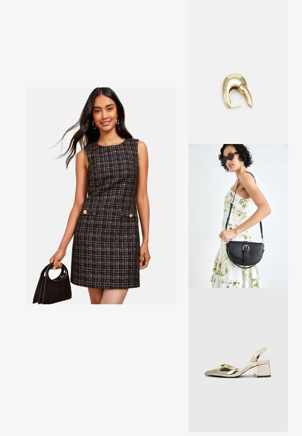 Friends Like These REGULAR FIT - Päevakleit - black white; Kuldne, metallilised slingback-kudumid terava varba ja paksu kontsaga. Sile tekstuur, minimalistlik disain ja kitsas rihm.; Mustmust mustraha kõverate joontega, eemaldatava rihmaga ja kuldsete detailidega. Kotil on klapp, millel on pandladetail.; Kuldtooni metallist kõrvarõngas, millel on elegantne ja kaarjas disain. Omab silmapaistvat teravat kuju, poleeritud pinda ja hingesulgemist.