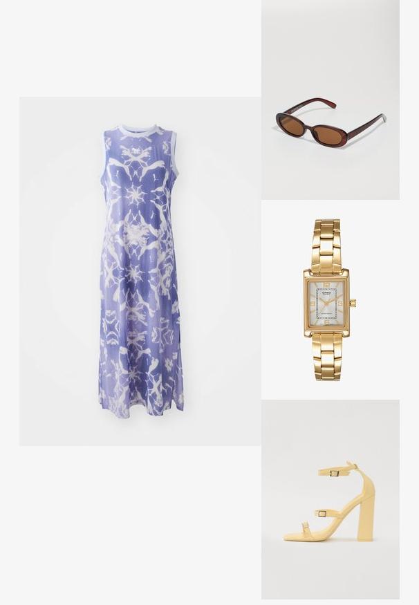Vestido sin mangas en color púrpura claro con un patrón abstracto blanco, fabricado con una tela suave, que presenta un cuello redondo y una silueta larga.; Sandalias de tacón cuadrado amarillas con tres correas ajustables, diseño de punta cuadrada, material sintético suave y hebillas en tono plateado.; Gafas de sol redondas con tinte marrón y un marco burdeos brillante. Patillas delgadas con un sutil detalle de marca. Diseño de lentes planos.; Reloj de pulsera rectangular de tono dorado con esfera blanca, marcadores de horas de tono plateado y una duradera pulsera de metal. Incluye función de resistencia al agua.