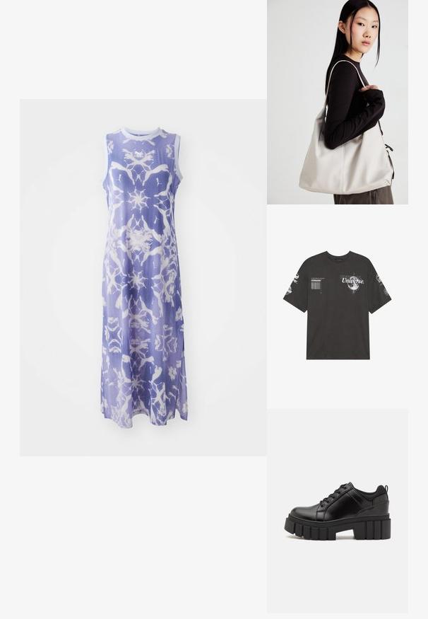 Ujjatlan, világoslila ruha fehér absztrakt mintával, sima anyagból készült, kerek nyakkal és hosszú szsilouett-jel rendelkezik.; Fekete pamut póló rövid ujjal, kerek nyakkivágással, nyomtatott grafikákkal, beleértve a szöveget és a holdmotívumokat az elülső részen és az ujjakon.; Fekete bőr platform cipők vaskos blokk sarkakkal, kerek orral és hagyományos fűzős kialakítással. Simára csiszolt felület és minimális részletezés jellemzi.; Puha anyagból készült bézs kézitáska, laza dizájnnal, varrott részletekkel és két vállpánttal. Mindennapi használatra alkalmas.