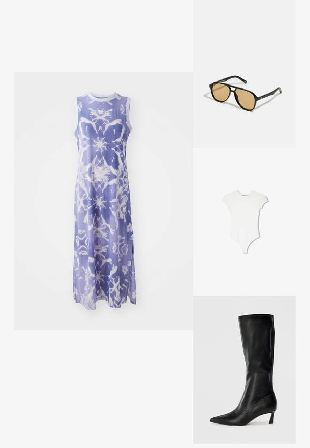 Ujjatlan, világoslila ruha fehér absztrakt mintával, sima anyagból készült, kerek nyakkal és hosszú szsilouett-jel rendelkezik.; Fehér, rövid ujjúBody, puha, elasztikus anyagból készült, testhezálló kialakítással, kerek nyakkal és tangás alsó résszel.; Fekete bőr, térdig érő csizma hegyes orral és szerény sarkakkal. Simább textúrával és karcsú dizájnnal, finom varrási részletekkel.; Fekete napszemüveg barna árnyalatú lencsékkel; téglalap alakú, vastag kerettel, a szárakon diszkrét fém részletekkel.; Fekete bőr, háromszög alakú kézi táska egyetlen állítható vállpánttal, puha, enyhén leomló szerkezettel.