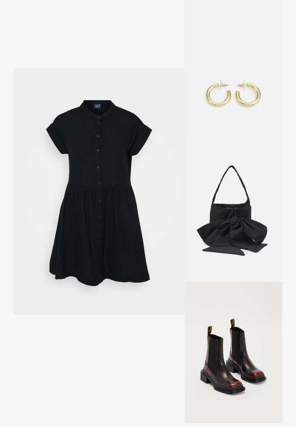 Rochie neagră cu guler, mâneci scurte și talie strânsă. Fabricată dintr-un material ușor, texturat, cu o siluetă fluidă.; Dr. Martens MAYBOLE CHELSEA - Botine cu platformă - black/cherry red; Geantă din material textil negru, cu un accent de fundiță legată, formă rotundă, suprafață texturată cu modele mici și un singur mâner subțire.; Cercei cercuri din aur cu un finisaj neted și strălucitor. Design circular cu un mic suport și un spate transparent pentru o purtare sigură.