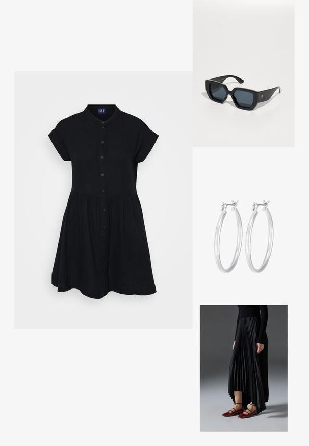 Czarna sukienka zapinana na guziki z kołnierzykiem, krótkimi rękawami i marszczoną talią. Wykonana z lekkiej, strukturalnej tkaniny o zwiewnym kroju.; Czarna plisowana spódnica z asymetrycznym dołem, zestawiona z błyszczącymi czerwonymi balerinkami z paskiem. Tkanina ma gładką teksturę.; Czarne, oversize okulary przeciwsłoneczne o geometrycznym wzorze, prostokątne soczewki i błyszczące wykończenie. Brak widocznych oznaczeń na przedniej części.; Srebrne kolczyki w formie kółek o gładkim, polerowanym wykończeniu. O okrągłym kształcie i pewnym zapięciu na klik. Lekka konstrukcja odpowiednia do codziennego noszenia.