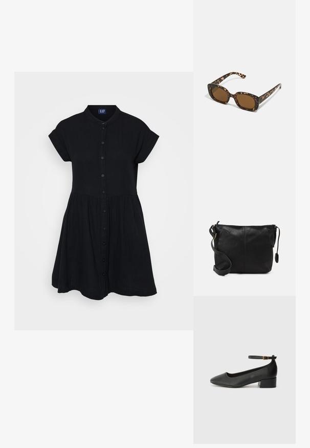 Rochie neagră cu guler, mâneci scurte și talie strânsă. Fabricată dintr-un material ușor, texturat, cu o siluetă fluidă.; Pantof cu toc negru din piele, cu vârf ascuțit și toc mic pătrat. Dispune de o curea la gleznă cu o cataramă în tonuri de aur. Textură netedă.; Ochelari de soare cu chelă de broască țestoasă, având un cadru rotund și voluminos, cu lentile maro. Prezintă modele subtile și brațe drepte, conice.; Geantă de umăr din piele neagră, cu o formă plată, accente de metal auriu și o curea ajustabilă. Textură netedă cu detalii de cusătură minime.