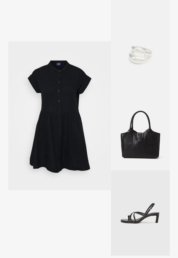 Must lilla nööbiga kleit, millel on krae, lühikesed varrukad ja koondatud talje. Valmistatud kergest, tekstureeritud kangast, millel on voogav siluett.; Mustast rihmajalatsid ruudukujulise varba ja madala ploki kontsaga. Omab mitmeid õhukesi rihmasid ja reguleeritavat pahkluu rihma. Valmistatud siledast nahast.; Mustgamma nahast kott, millel on sile tekstuur, struktureeritud kuju, kaks käepidet ja esiküljel silmapaistev hõbedane pandla detail.; Hõbedane kahekordne rõngas sujuva, poleeritud pinnaga. Omab voolavat, kõverat disaini, millel on kattuvad sektsioonid, et saavutada kaasaegne ilme.