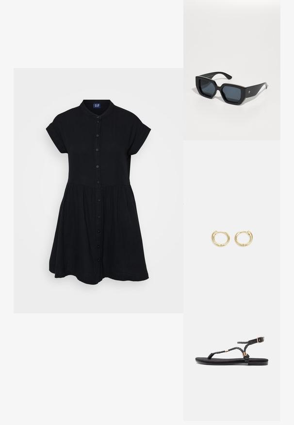 Svart knäppklänning med krage, korta ärmar och rynkad midja. Tillverkad av lätt, strukturerad tyg med en flödig silhuett.; Svarta platta sandaler med flätade remmar och en metallisk detalj. Har en justerbar spänne och platt gummisula för komfort.; Svarta överdimensionerade solglasögon med geometrisk design, rektangulära linser och blank yta. Ingen synlig märkning på framsidan.; Guldörhängen i hoops med en slät, rundad design. Har en liten gångjärnslåsning, lätt känsla och en polerad yta.