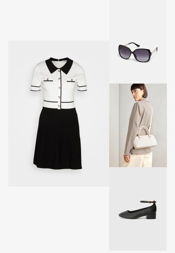 Šaty s krátkým rukávem v černobílé pletenině, s límečkem, zlatými knoflíky a kontrastními pruhy na korzetu.; Černé kožené lodičky s špičatou špičkou a nízkým blokovým podpatkem. Obsahují pásek kolem kotníku se zlatou sponou. Hladký povrch.; Černé oversized sluneční brýle se gradientními skly, silnými rámy a zlatými řetízkovými detaily na nožičkách.; Bílá strukturovaná kabelka s krátkými uchy a ramenním popruhem, zdobená zlatými kovovými prvky a texturovaným materiálem, vystavená na šedém pozadí.