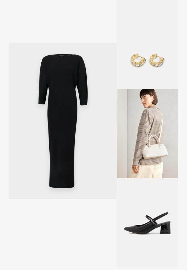 Zwarte lange mouw rib jurk met een aansluitend lijfje en een rechte rok. Gladde textuur met een ronde halslijn en minimale details.; Zwarte gepolijste leren slingback hakken met een spitse neus, een ronde uitsnede en een blokhak. Voorzien van een gouden gespaccent.; Witte gestructureerde handtas met korte handvatten en een schouderband, voorzien van gouden hardwareaccenten en een textuurmateriaal, tentoongesteld tegen een grijze achtergrond.; Gouden creolen met een getextureerd ontwerp en drie heldere kristalaccenten aan één zijde, wat een moderne geometrische esthetiek biedt.