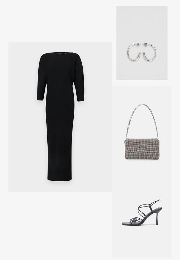 Čierne dlhé rukávy ribbené šaty s priliehavým telom a rovnou sukňou. Hladká textura s okrúhlym výstrihom a minimálnymi detailmi.; Čierne sandále na vysokom podpätku majú tenké remienky s uzlovým dizajnom, hladký štvorcový špičku a elegantný stiletto podpätok.; Svetlošedá metalická kabelka s reťazovým popruhom, ozdobená malými kruhovými kovovými štítkami a trojuholníkovým logom značky.; Strieborné kruhové náušnice s hladkým a lesklým povrchom. Okrúhly tvar, ľahký dizajn, s uzáverom na kolík.