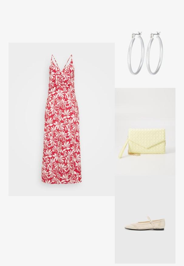 Raudona gėlių maksi suknelė su V formos iškirpte, plonomis petnešėlėmis ir prigludusia liemene. Puošia balti gėlių raštai ir laisvos sijono formos dizainas.; Kreminės baleto bateliai su smailiu pirštu, tinklelio dizaino uždanga ir šonine sagtimi. Lygus padas su sklandžiu paviršiumi.; Geltona audinė piniginė su užsegimu, nuimamą rankinę juostą ir auksinį akcentą. Lygi tekstūra ir stačiakampis forma.; Sidabriniai auskarai su sklandžiu, poliruotu paviršiumi. Apvalios formos ir saugus uždarymo mechanizmas. Lengvas dizainas, tinkantis kasdieniam dėvėjimui.