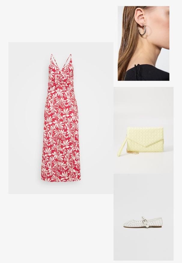 Sarkans ziedu maksi kleita ar V-veida kakla izgriezumu, plānām siksnām un piegulošu augšdaļu. Satur baltus ziedu rakstus un plūstošu svārku dizainu.; Baltas plakans zābaks ar smailu purngalu, rotāts ar sudraba kniedēm, ar sprādzi, kas iet ap potīti, un gaiši brūnu zoli.; Dzeltena austs kabata ar atloku dizainu, noņemamu plaukstas siksnu un zeltītu ķēdes akcentu. Gluda tekstūra un taisnstūra forma.; Sudraba auskars ar pulētu apdari, ar maziem zelta akcentiem un apaļu formu, uz ausu ļipiņas.